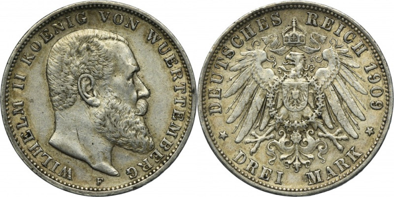 Germany, Kingdom of Württemberg, Wilhelm II, 3 Mark Stuttgart 1909 F Silver '900...