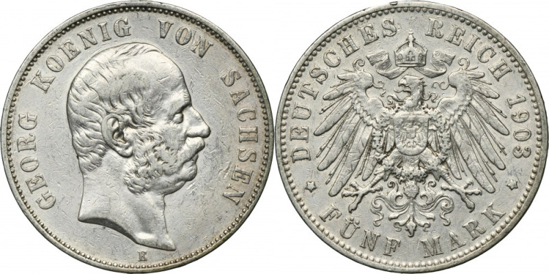 Germany, Saxony, Georg I, 5 Mark Muldenhütten 1903 E Silver '900'. Light surface...