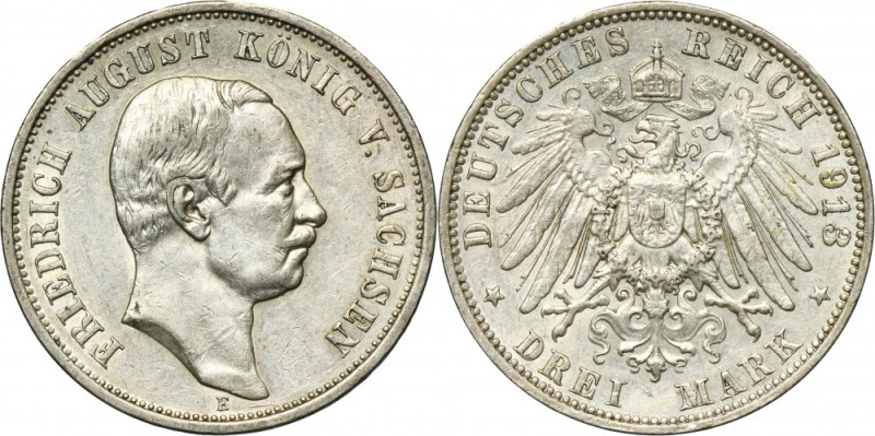 Germany, Saxony, Friedrich August III, 3 Mark Muldenhütten 1913 E Reference: AKS...