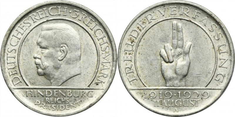 Germany, Weimar Republic, 3 Mark Berlin 1929 A - Weimar Oath Issue minted to com...