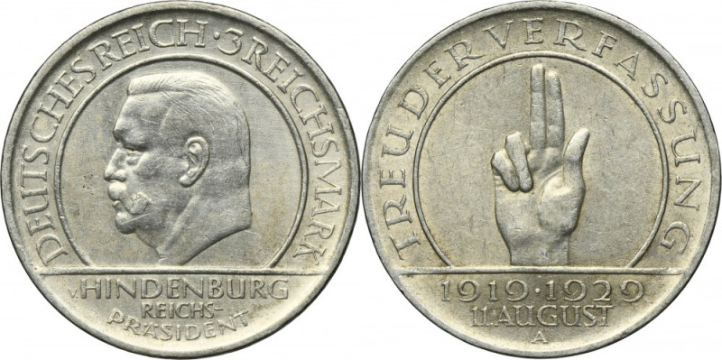 Germany, Weimar Republic, 3 Mark Berlin 1929 A - Weimar Oath Issue minted to com...