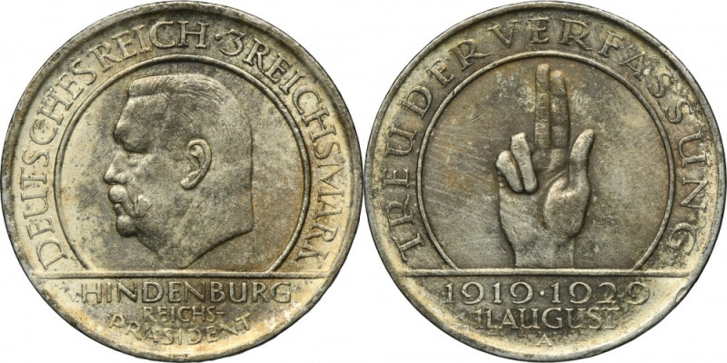 Germany, Weimar Republic, 3 Mark Berlin 1929 A - Weimar Oath Issue minted to com...