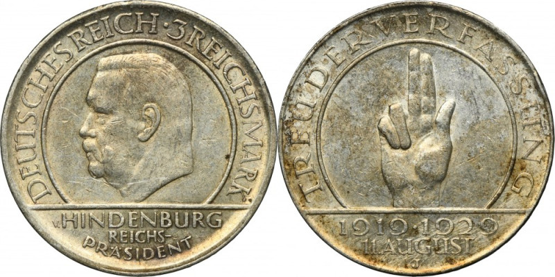 Germany, Weimar Republic, 3 Mark Hamburg 1929 J - Weimar Oath Issue minted to co...