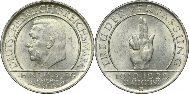 Germany, Weimar Republic, 3 Mark Karlsruhe 1929 G - Weimar Oath Issue minted to ...