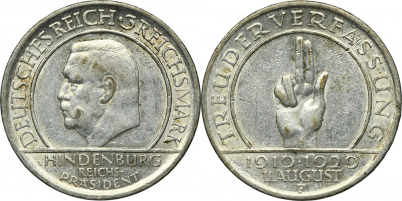 Germany, Weimar Republic, 3 Mark Stuttgart 1929 F - Weimar Oath Issue minted to ...