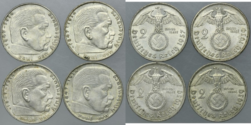 Set, Germany, Third Reich, Paul von Hindenburg, 2 Mark 1937 and 1939 (4 pcs.) Lo...