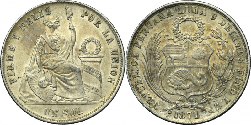 Peru, 1 Sol Lima 1871 Silver '900'. Attractive coin that exhibits plenty of mint...