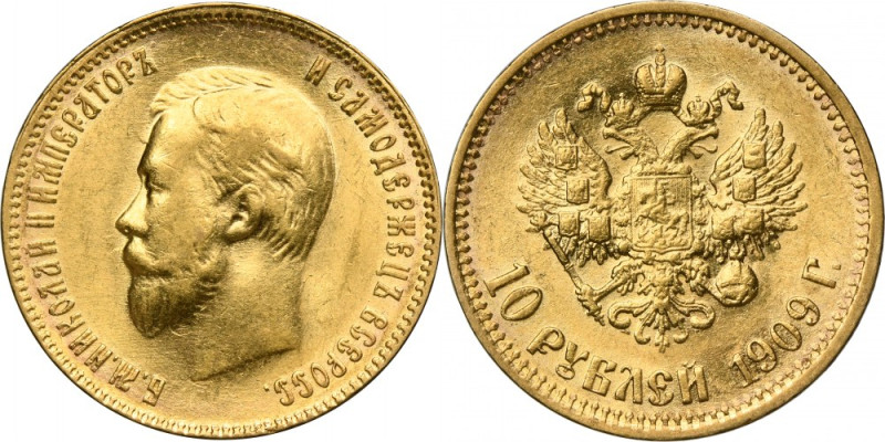 Russia, Nicholas II, 10 Rouble Petersburg 1909 Э•Б - RARE Rare coin in attractiv...