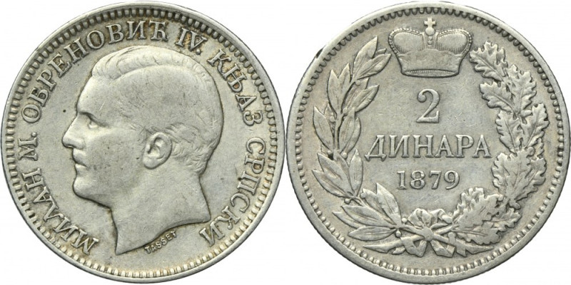 Serbia, Milan I, 2 Dinara 1879 Silver '835'. Srebro próby '835'. Reference: KM 1...