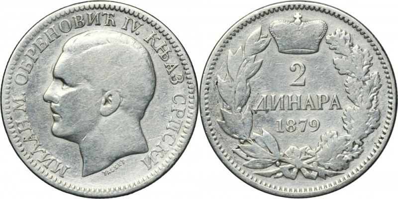 Serbia, Milan I, 2 Dinara 1879 Silver '835'. Srebro próby '835'. Reference: KM 1...