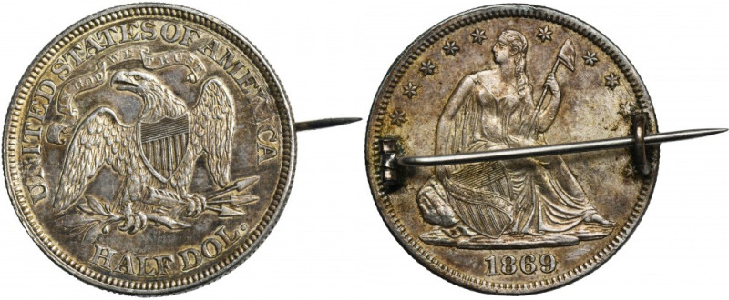 USA, 1/2 Dollar Philadephia 1869 Coin converted into a pin, with a clasp attache...