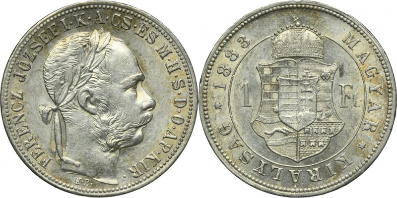 Hungary, Franz Joseph I, 1 Forint Kremnitz 1883 KB Mint state coin that exhibits...