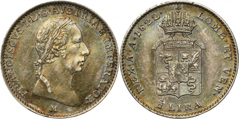 Italy, Kingdom of Lombardy-Venetia, Franz I, 1/2 Lira Milan 1822 Variety with le...