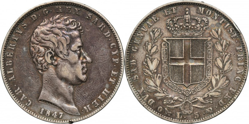 Italy, Kingdom of Sardinia, Charles Albert, 5 Lire Genoa 1847 Variety with the a...