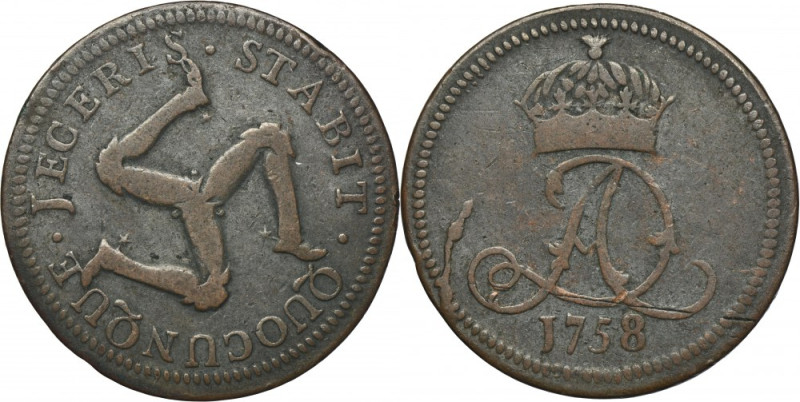 Isle of Man, 1/2 Penny 1758 Copper coin of Isle of Man, which is a&nbsp;British ...