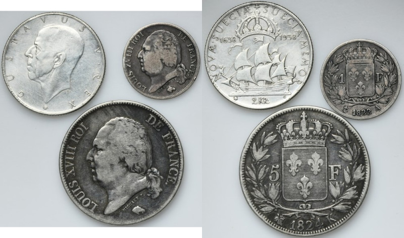 Set, France and Sweden, Louis XVIII and Gustav V, 1 Franc, 5 Francs and 2 Kronor...