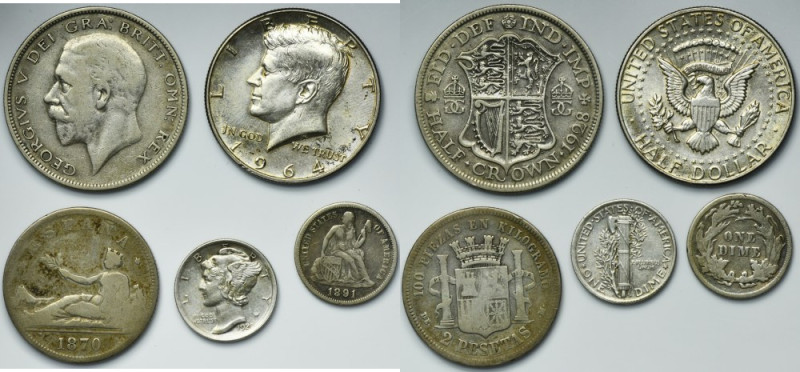 Set, Spain, USA and Great Britain, 2 Pesetas, 1/2 Dollar, 1 Dime and 1/2 Crown (...