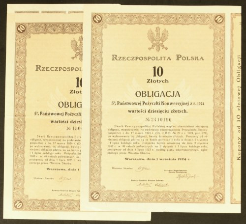 5% Państwowa Pożyczka Konwersyjna 1924, obligacja 10 zł (2 szt.) Obligacja popul...