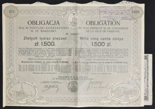 Warszawa, VI-ta 6% pożyczka konwersyjna m. st. Warszawy 1926, obligacja 1.500 zł...