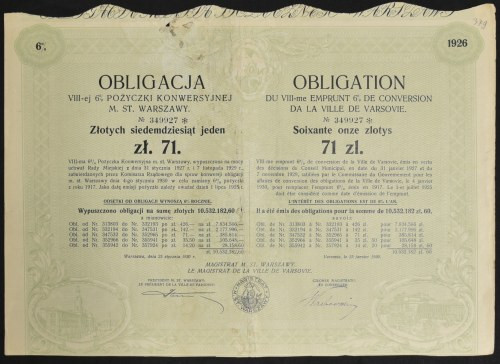 Warszawa, VIII-ma 6% pożyczka konwersyjna m. st. Warszawy 1930, obligacja 71 zł ...