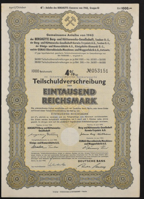 Berghütte Berg- ung Hüttenwerks-Gesellschaft, 4% obligacja 1.000 marek 1943 Konc...