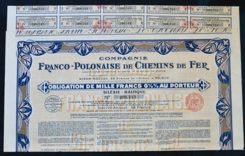 Compagne Franco-Polonaise de Chemins de Fer, 6,5% obligacja 1931, 1.000 franków ...