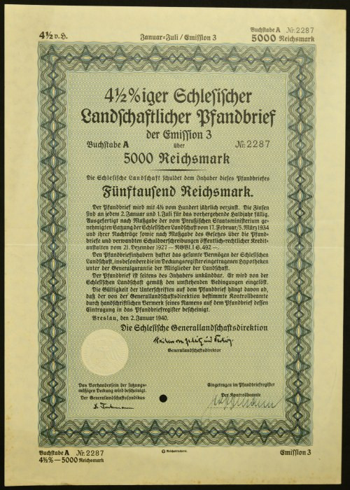 Wrocław, Schlesische Landschaft, 4,5% list zastawny, 5.000 marek 1940 Wrocław, S...