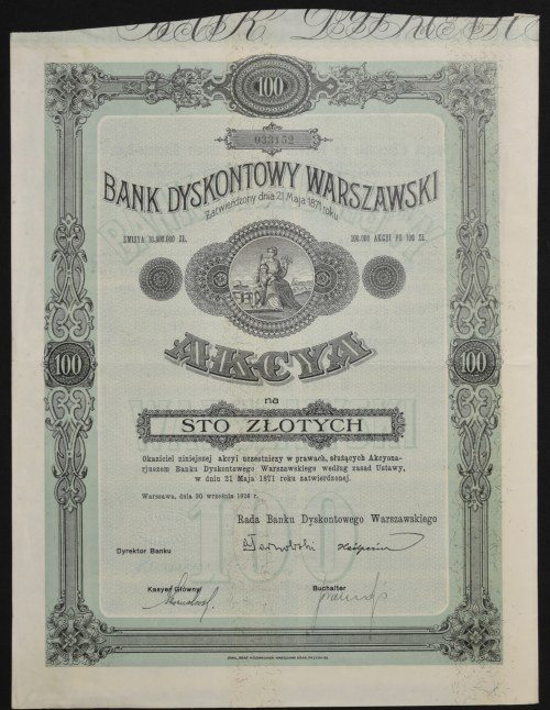 Bank Dyskontowy Warszawski, 100 zł 1926 Bank Dyskontowy Warszawski powstał zaraz...