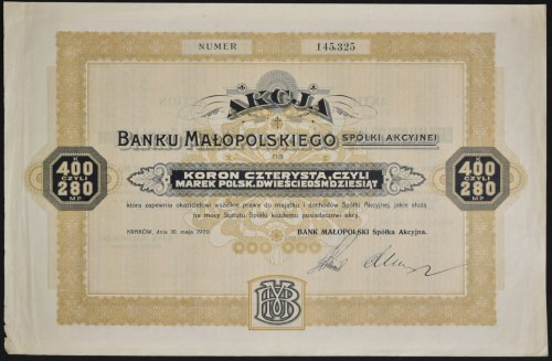 Bank Małopolski S.A., 400 koron 1920 Jeden z najstarszych banków akcyjnych, zało...