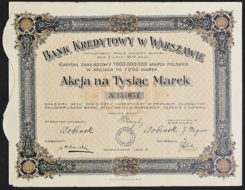 Bank Kredytowy w Warszawie S.A., 1.000 mkp 1922 Bank Kredytowy w Warszawie powst...