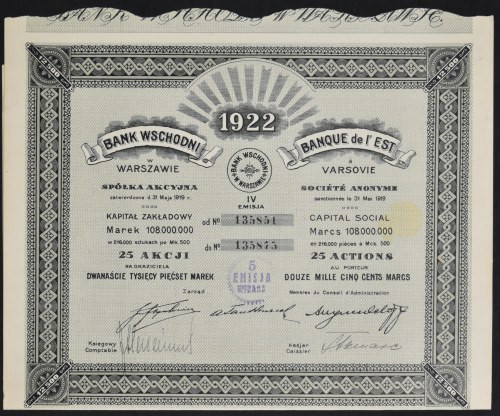 Bank Wschodni S.A., 25 x 500 mkp 1922, Emisja IV Akcja jednego z najmniejszych b...