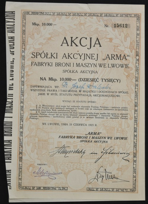 Fabryki Broni i Maszyn 'Arma' S.A., 10.000 mkp 1923 - imienna Przemysł zbrojenio...