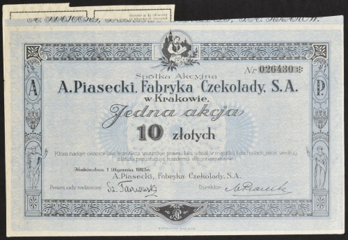 Fabryka Czekolady 'A. Piasecki' S.A., 10 zł 1925 Typowa, ale ładna akcja spółki ...