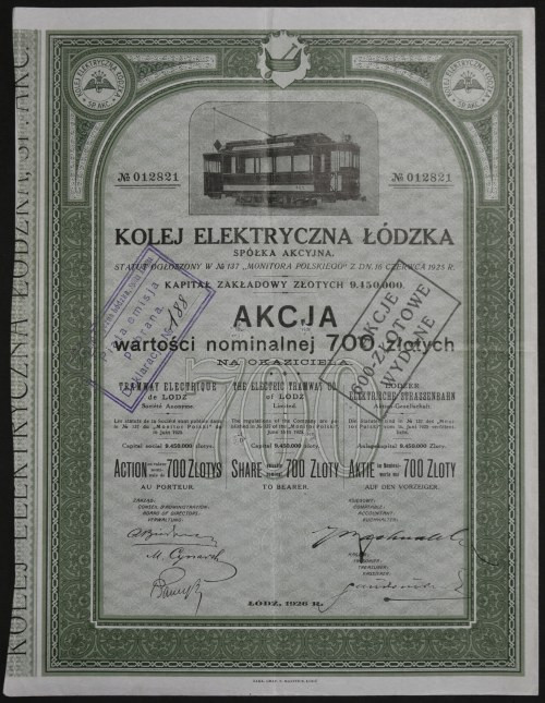 Kolej Elektryczna Łódzka S.A., 700 zł 1926 Reference: Koziorowski 846-2