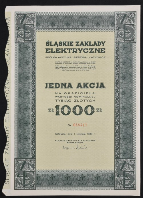 Śląskie Zakłady Elektryczne S.A., 1.000 zł Popularna akcja Śląskich Zakładów Ele...