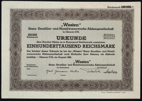 'Westen' Stanz- Emaillier- und Metallwarenwerke AG, 100.000 marek 1943