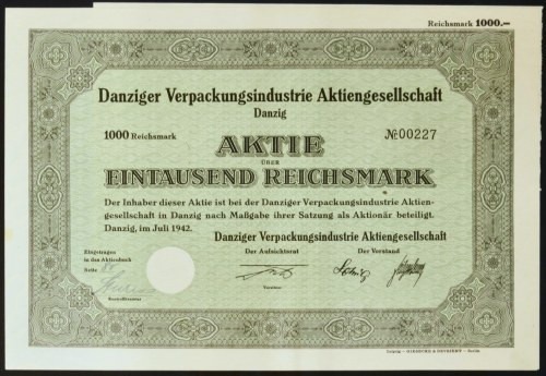 Gdańsk, Danziger Verpackungsindustrie AG, akcja 1.000 marek 1942 Wysoki nominał ...