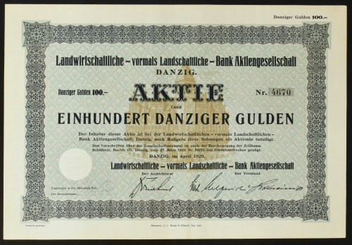 Gdańsk, Landwirtschaftliche Bank AG, 100 guldenów, 1929 Landwirtschaftliche Bank...