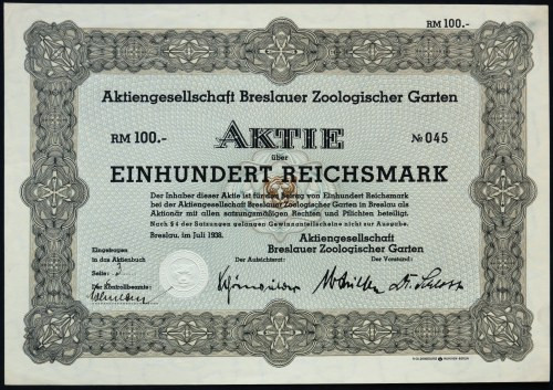 Wrocław, Aktiengesellschaft Breslauer Zoologischer Garten, 100 marek 1938