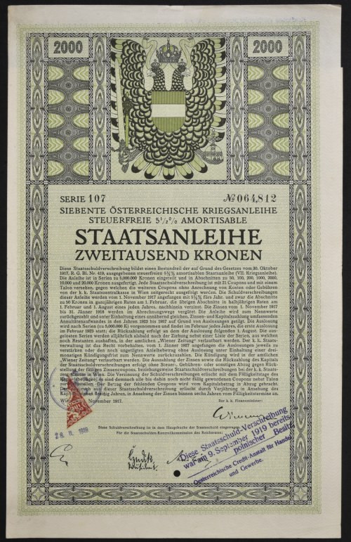 Austria, 7 Pożyczka Wojenna, obligacja 2.000 koron 1917