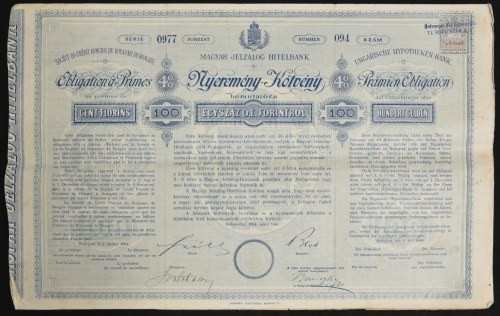 Węgry, Ungarische Hypotheken Bank, 4% obligacja premiowa 1884, 100 guldenów