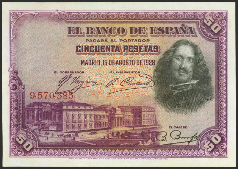 50 Pesetas. 15 de Agosto de 1928. Sin serie. (Edifil 2023: 329). Inusual. EBC.