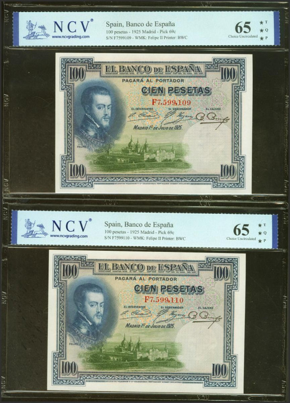 100 Pesetas. 1 de Julio de 1925. Pareja correlativa. Serie F. (Edifil 2023: 350,...