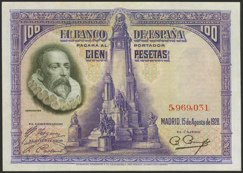 100 Pesetas. 15 de Agosto de 1928. Sin serie. (Edifil 2023: 355). Conserva gran ...