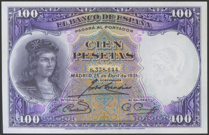 100 Pesetas. 25 de Abril de 1931. Sin serie. (Edifil 2017: 360). Conserva todo s...