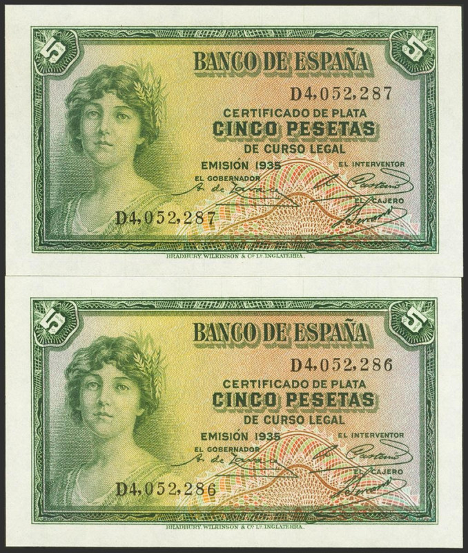 5 Pesetas. 1935. Pareja correlativa. Certificado de Plata. Serie D. (Edifil 2023...