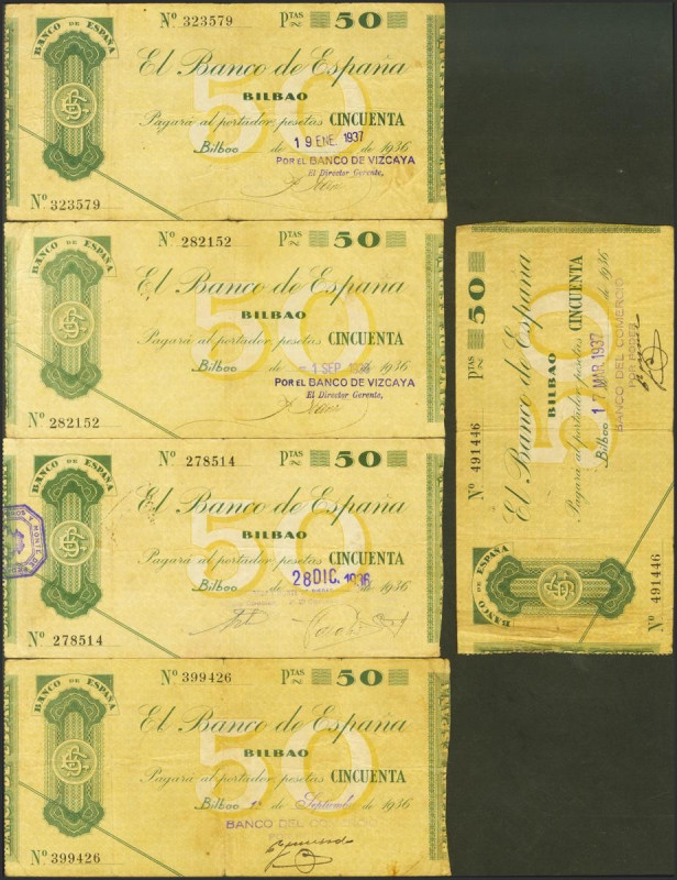 Conjunto de 5 billetes de 50 Pesetas del Banco de Bilbao, emitidos en 1936, todo...