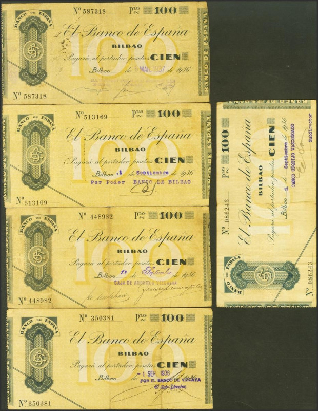 Conjunto de 5 billetes de 100 Pesetas del Banco de Bilbao, emitidos en 1936, tod...