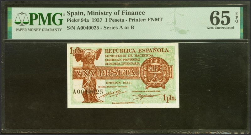 1 Peseta. 1937. Ministerio de Hacienda. Serie A y numeración bajísima. (Edifil 2...