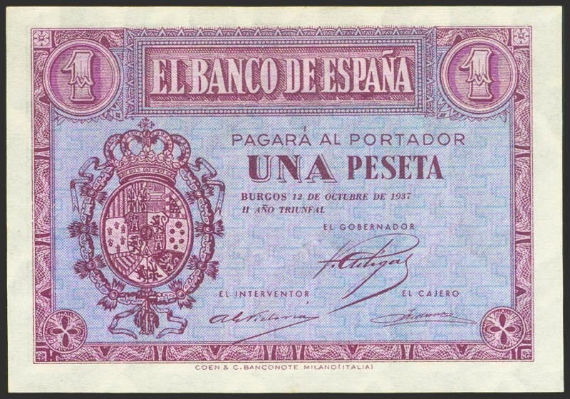 1 Peseta. 12 de Octubre de 1937. Serie F, última serie emitida. (Edifil 2023: 42...